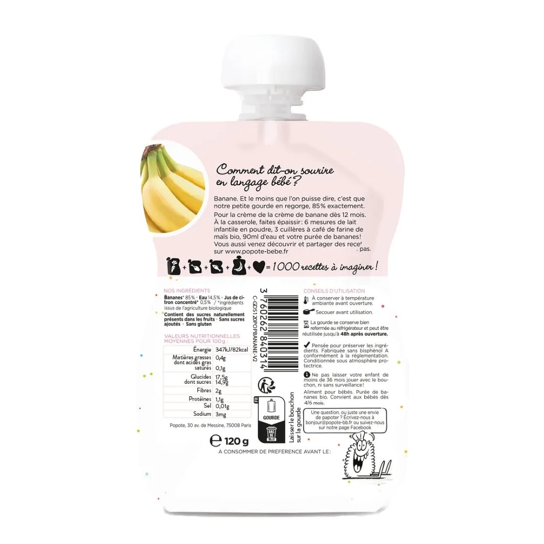 Composition et valeurs nutritionnelles compote bio banane 120g bébé - Popote Bébé