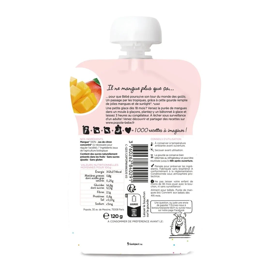 Composition et valeurs nutritionnelles compote bio mangue 120g bébé - Popote Bébé
