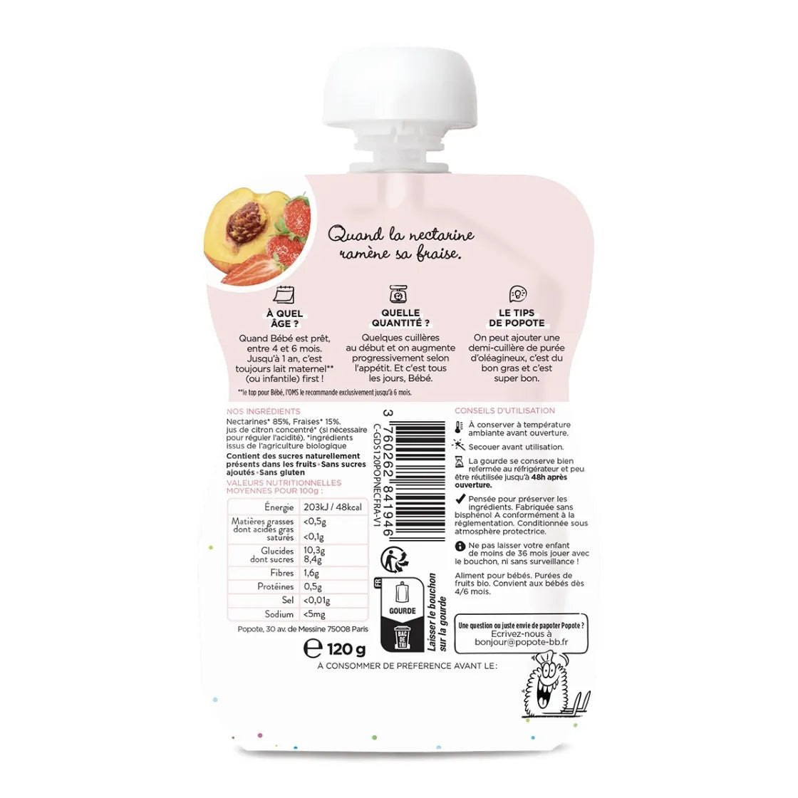 Composition et valeurs nutritionnelles compote bio fraises nectarine 120g bébé - Popote Bébé